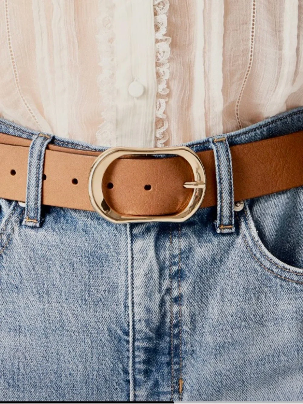 J. Crew Tan Leather Belt with Gold Oval Buckle - Picture 2 of 5